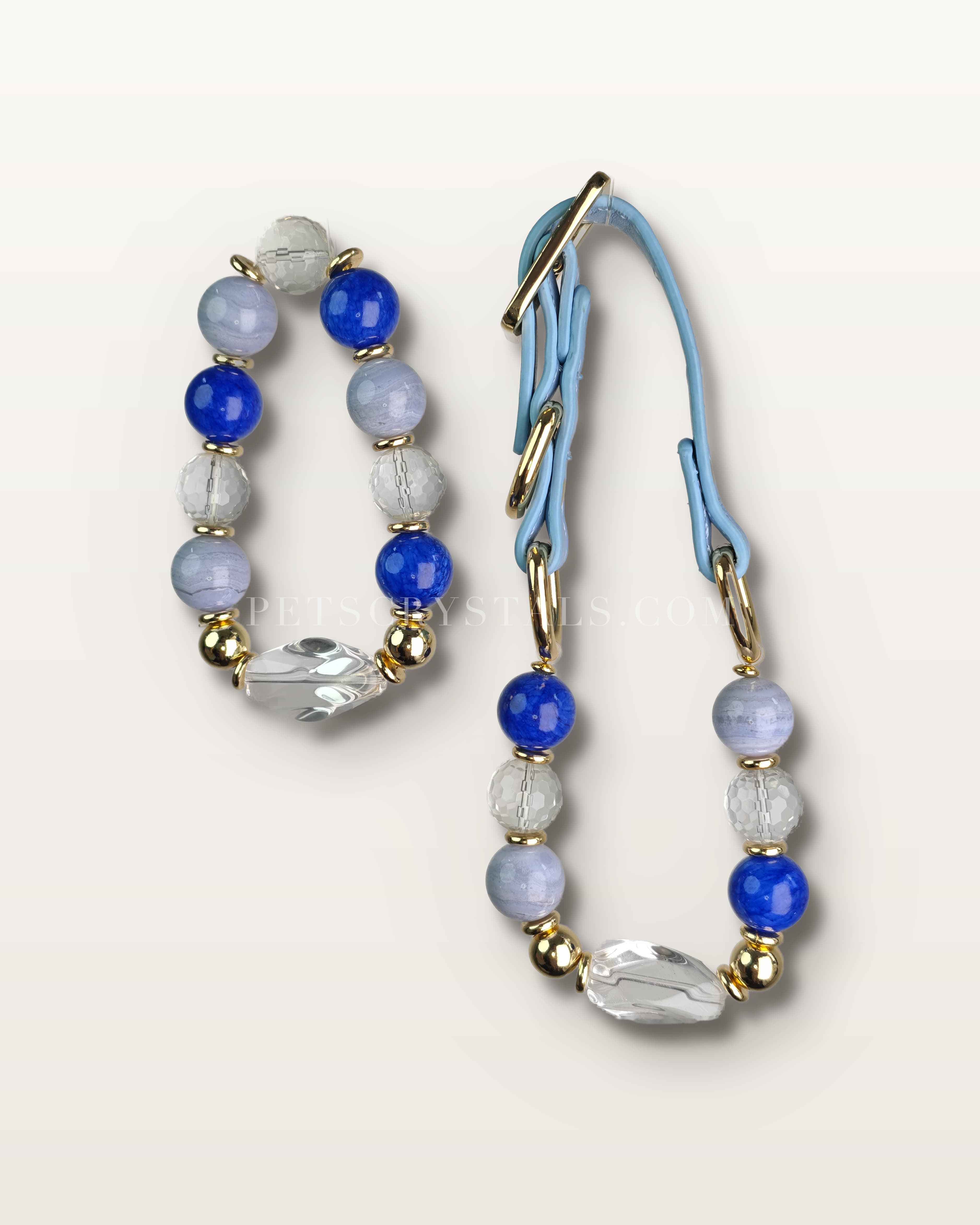 Azure Lagoon — matching Aquamarine & Blue Lace Agate crystal bracelet and pet collar charm set