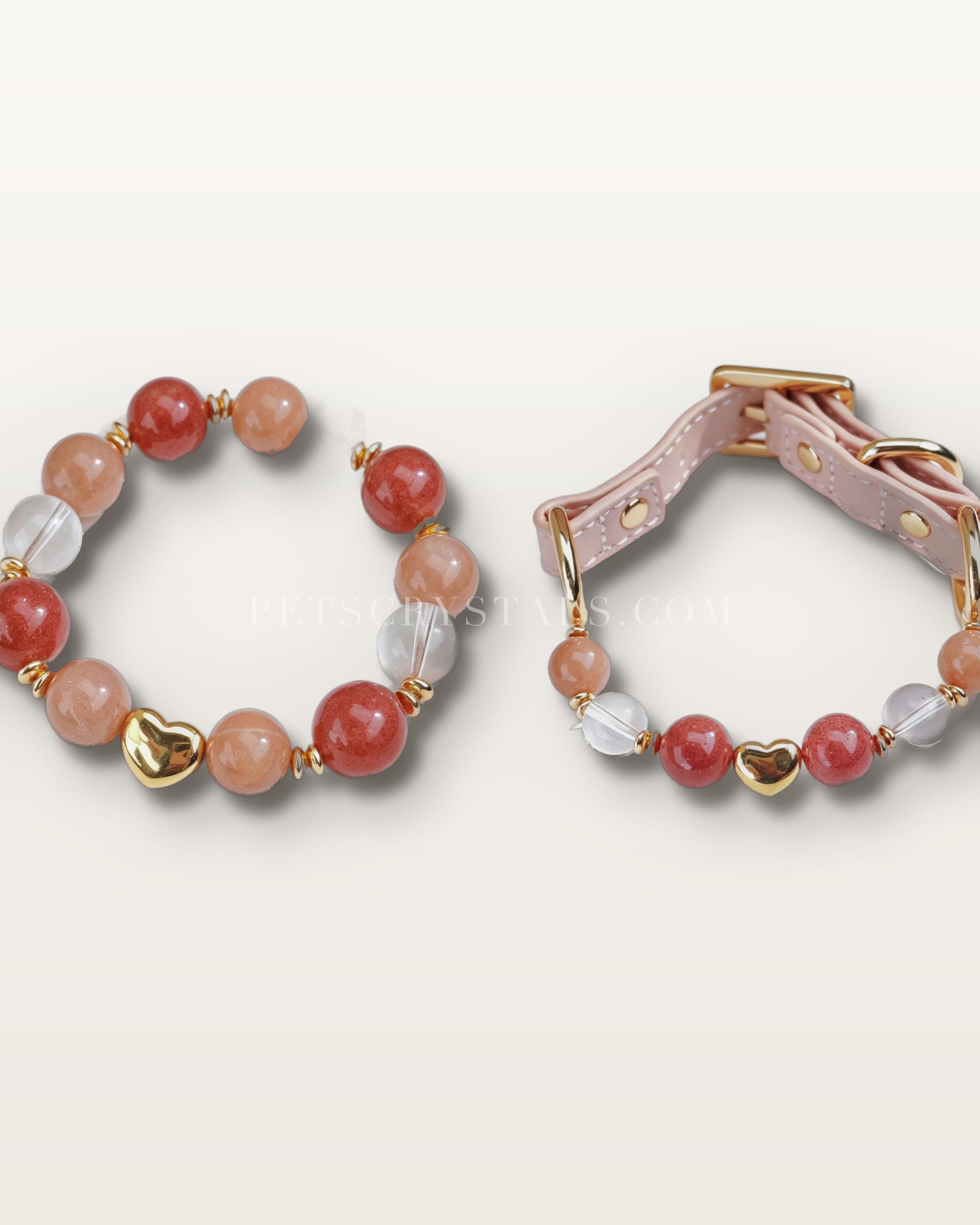 Rose Quartz Latte — matching Rose Quartz & Cream Moonstone crystal bracelet and pet collar charm set