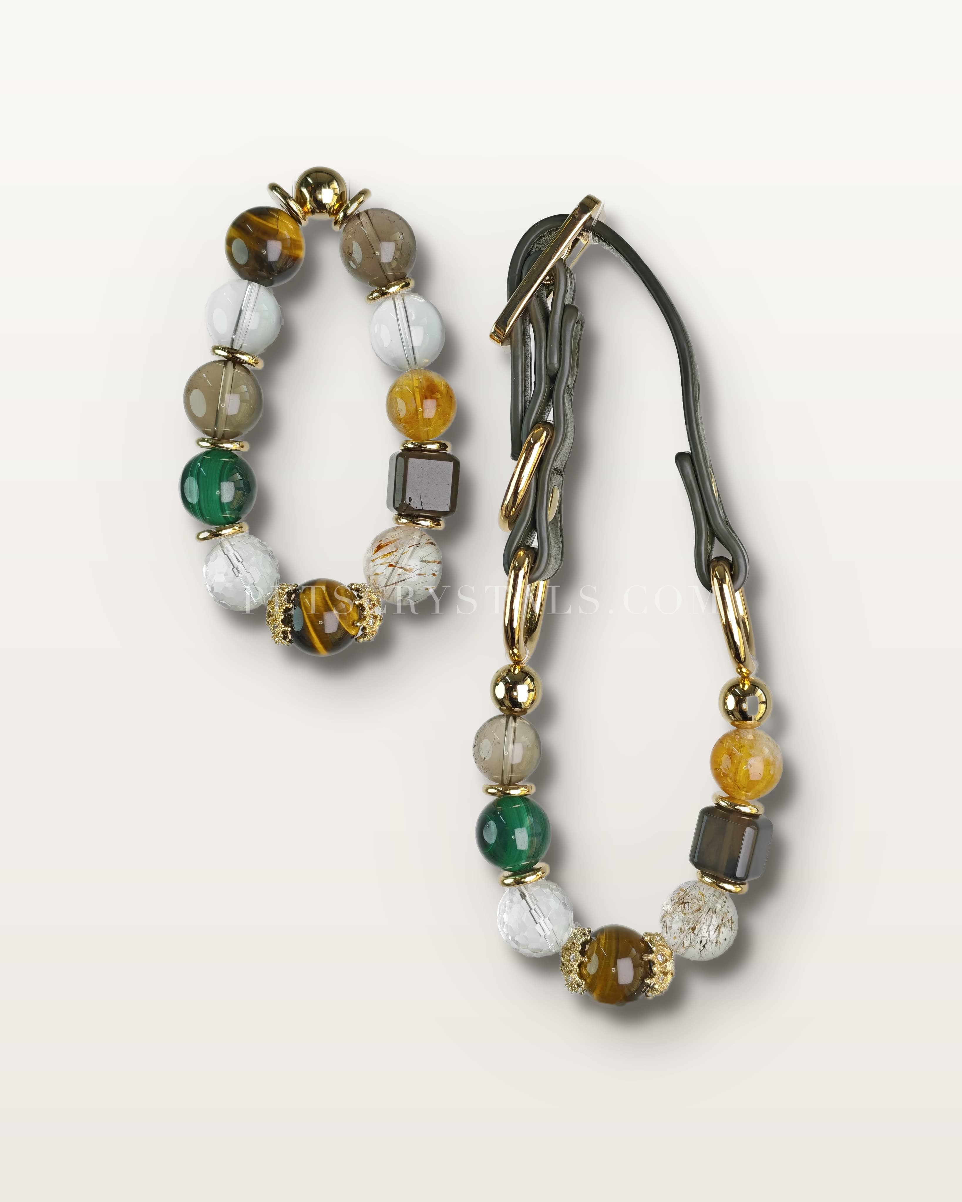Stone Path — matching Smoky Quartz & Black Tourmaline crystal bracelet and pet collar charm set