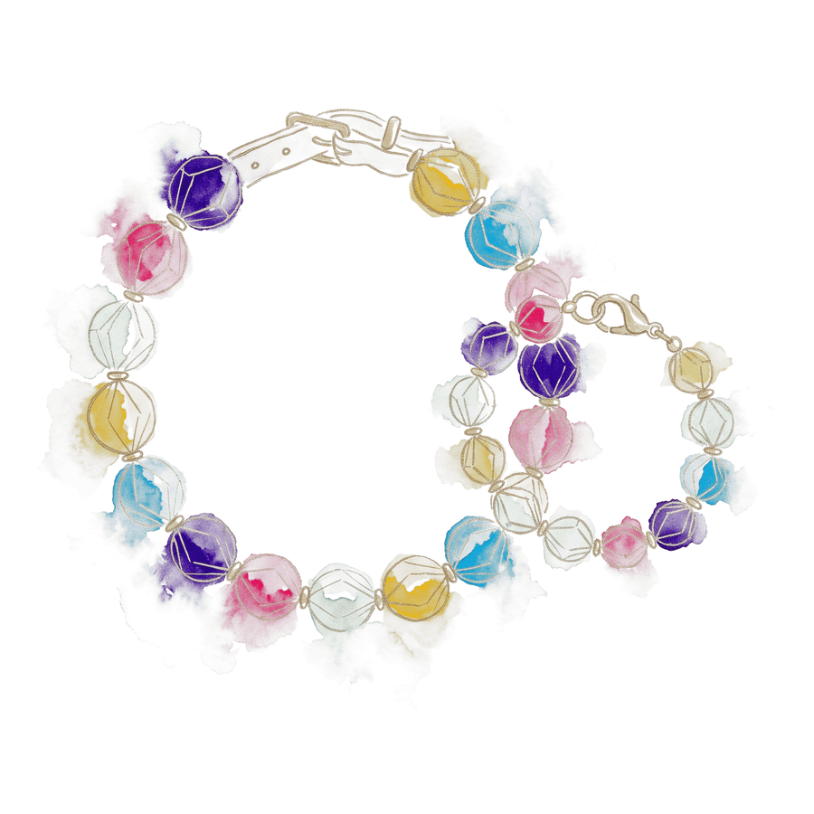 Watercolour study of the Rainbow collar and its matching bracelet