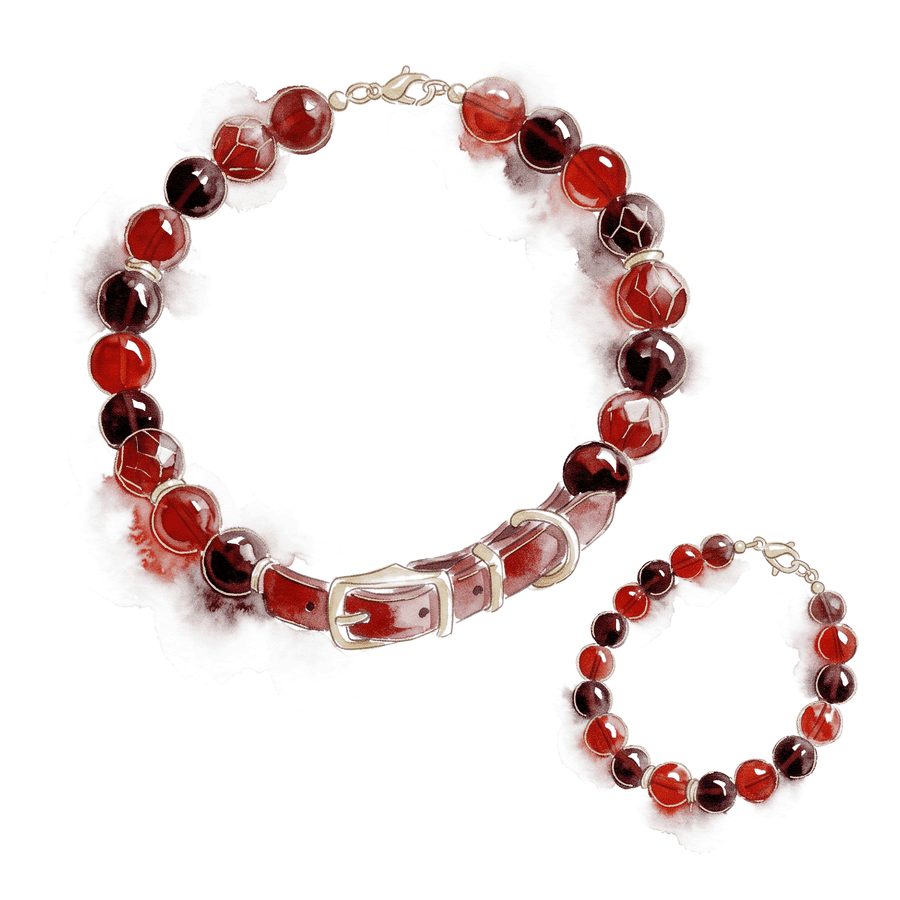 Watercolour study of the Red Agate collar and its matching bracelet